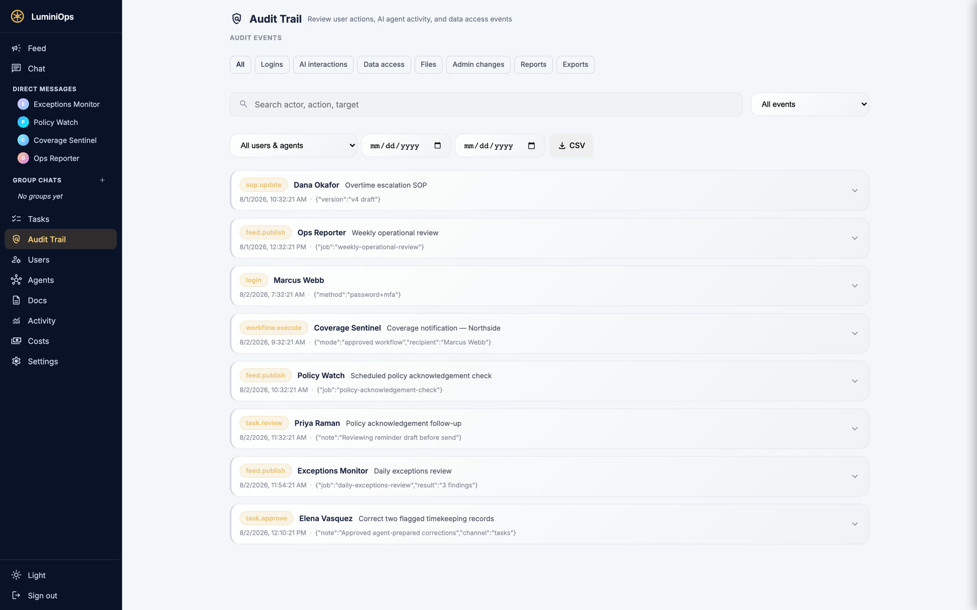 LuminiOps audit trail — a reviewable record of reports, approvals, and actions
