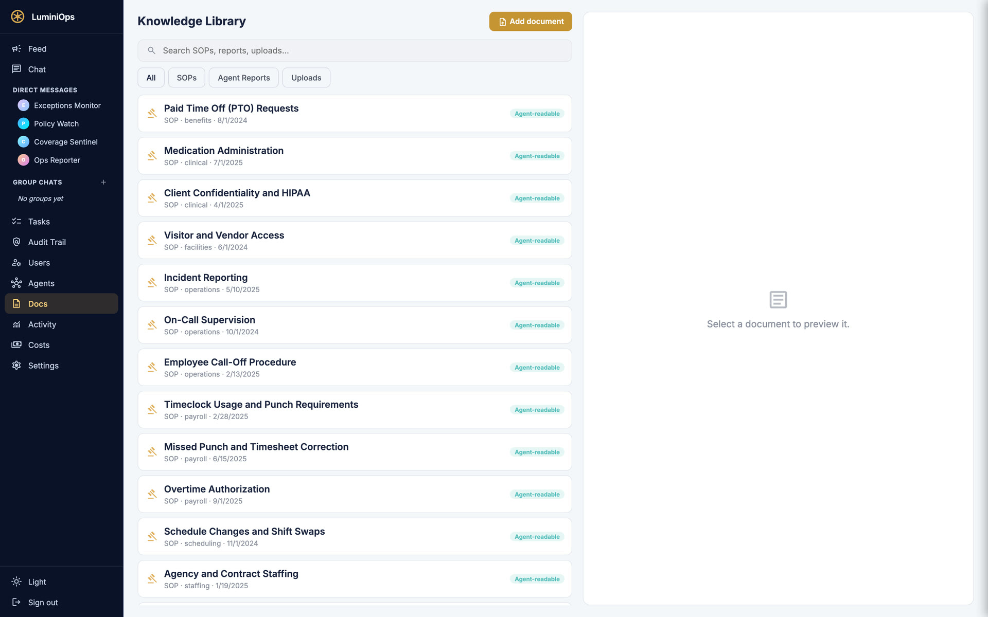 LuminiOps knowledge library — approved SOPs and reference material