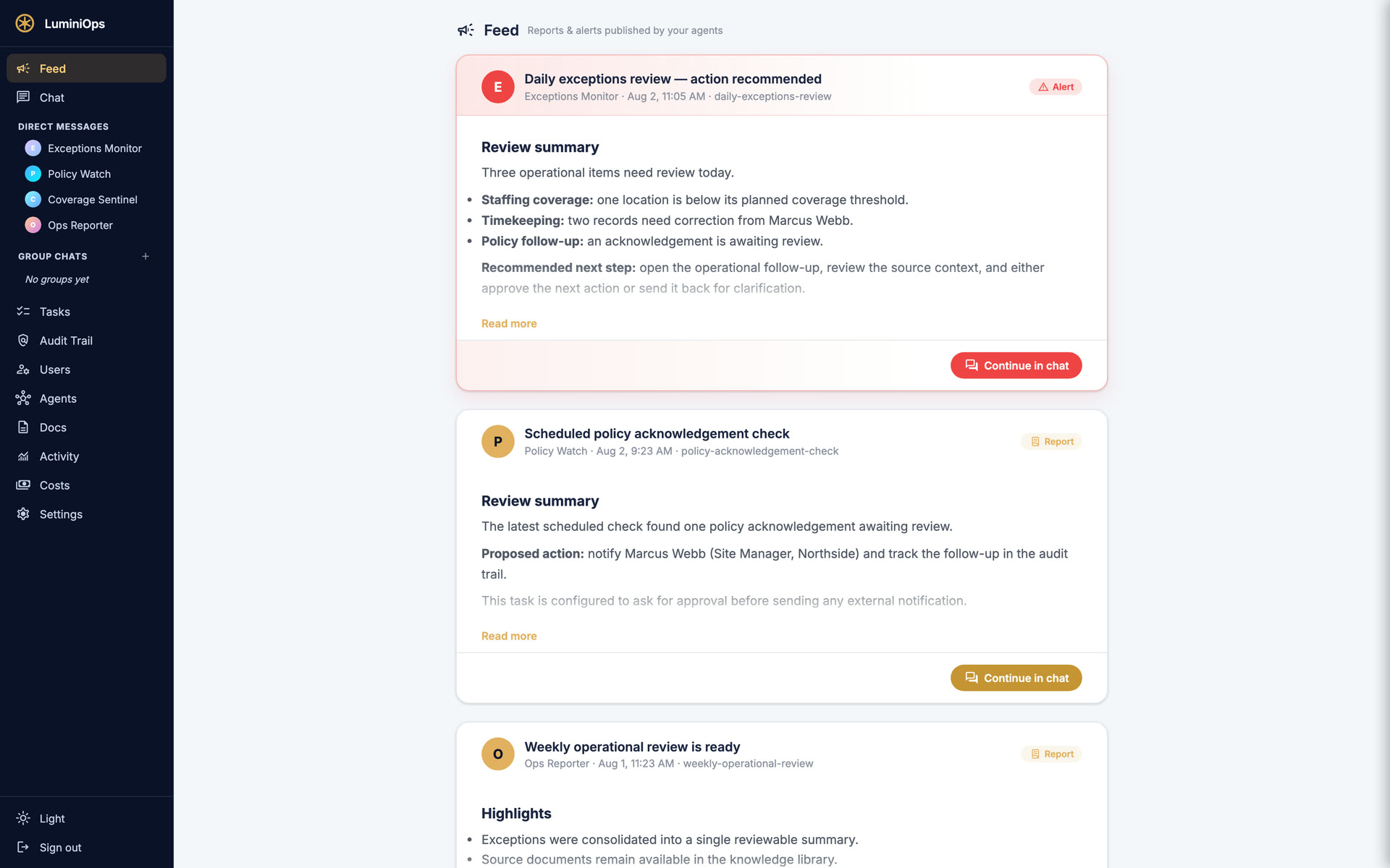 LuminiOps operational feed — scheduled reports and exceptions landing for review