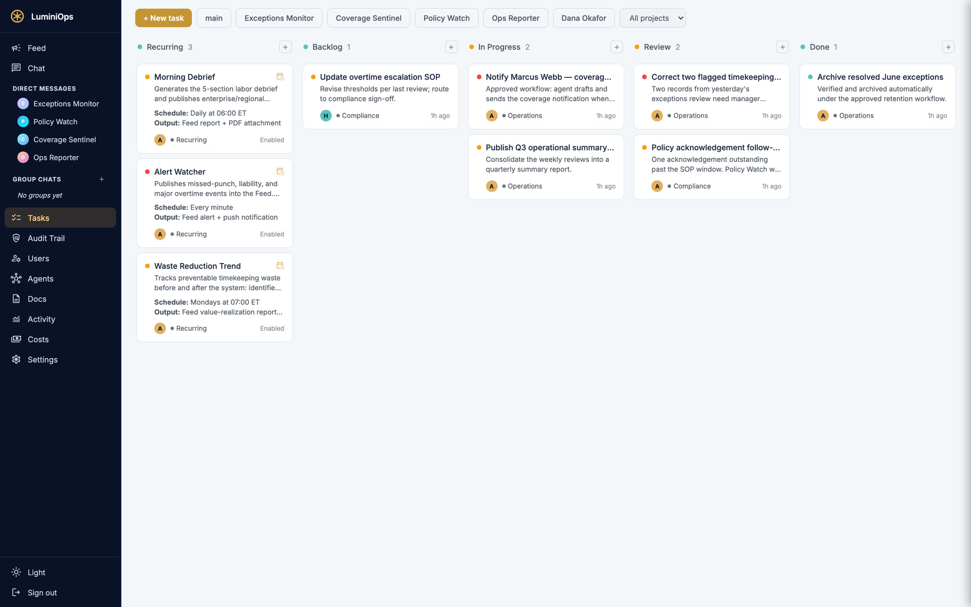 LuminiOps scheduled work — recurring checks and agent tasks awaiting approval