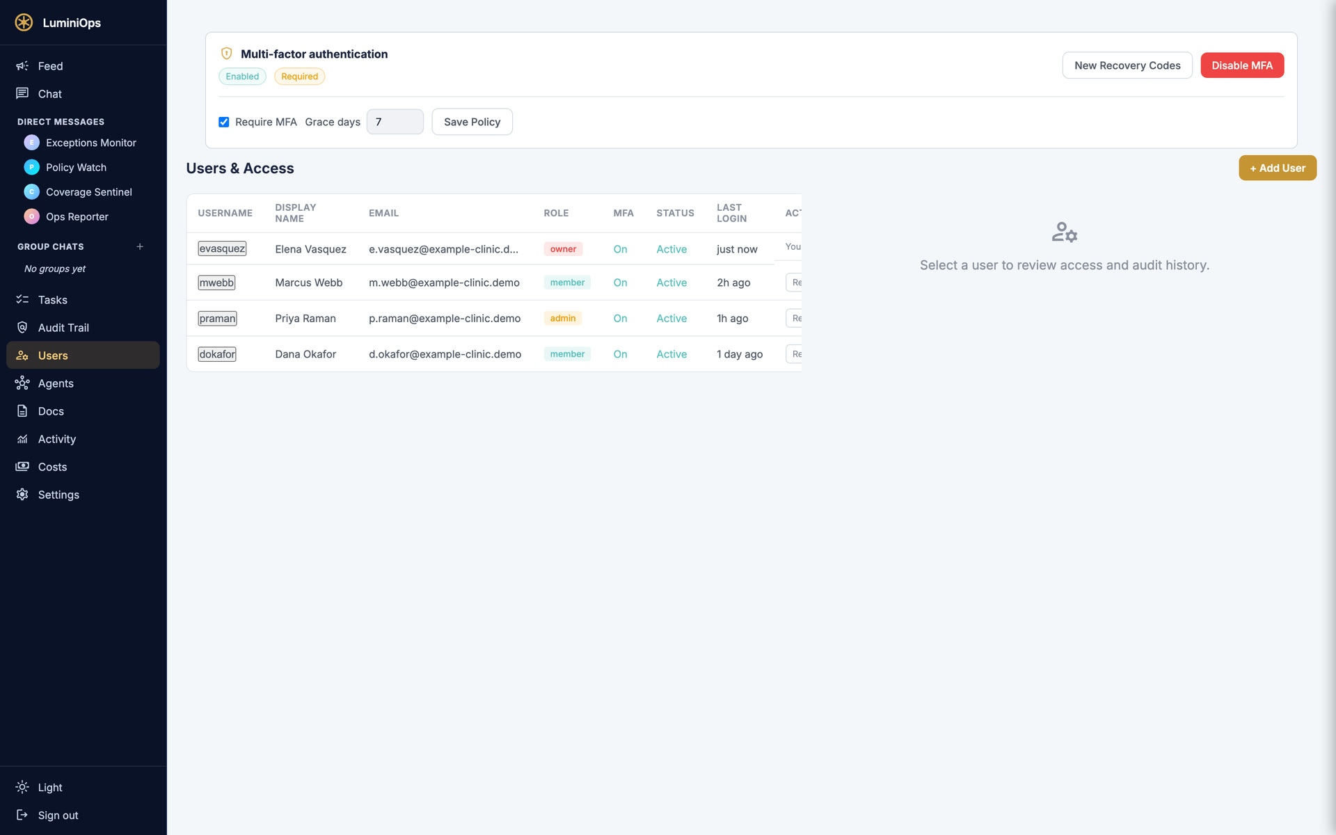 LuminiOps users & access — role-based access with MFA required
